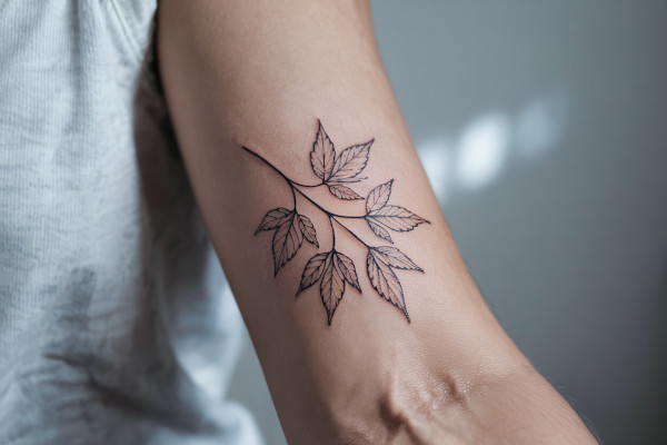 Fine Line Tattoo, Pflanzenblätter tätowiert auf einem Arm